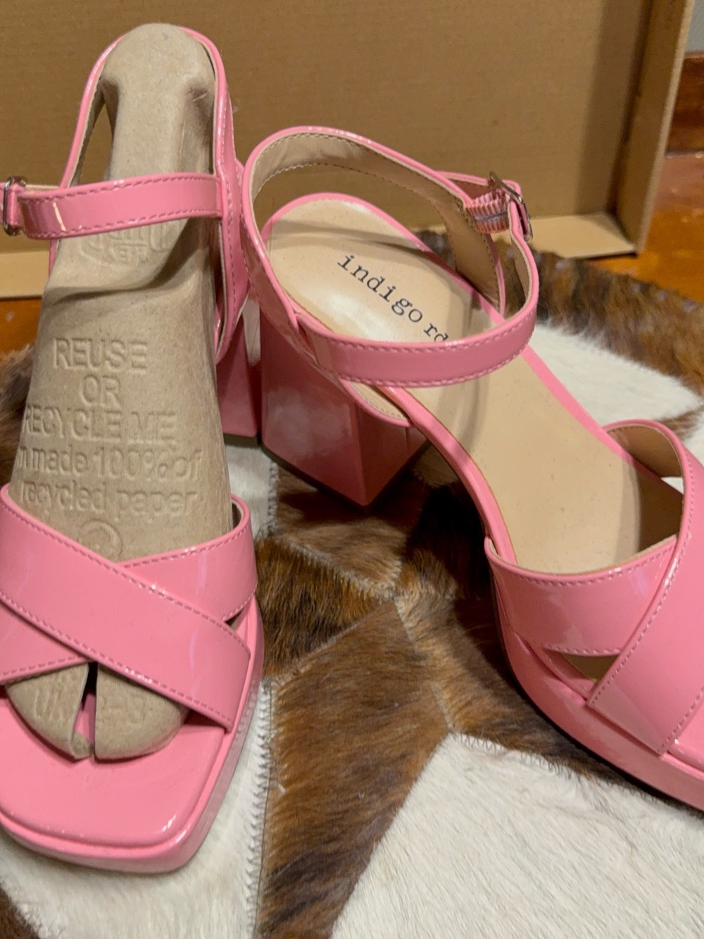 Indigo Pink Patent Block Heel Sandals with Ankle Strap